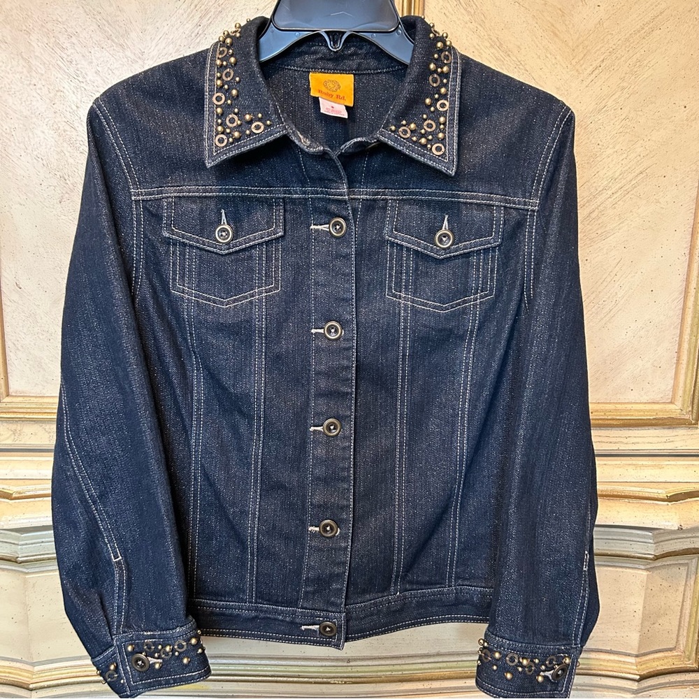 Ruby Rd Dark Blue Gold Metallic Shimmer & Beads Brass Grommet Denim Jacket